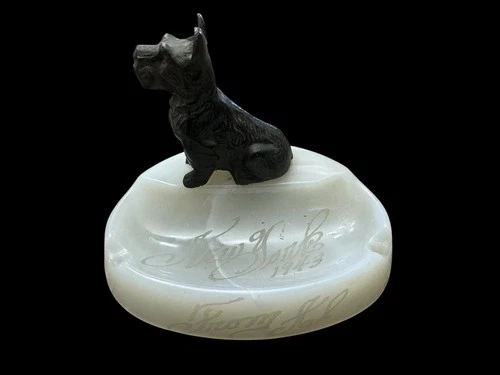 Vintage 1943 Milk Glass Ashtray with Scottie Dog Figure WWII Era 4” Tall
