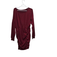 Cupshe Women XL Burgundy Ruched Sweater Dress Long Sleeve Stretch Knit