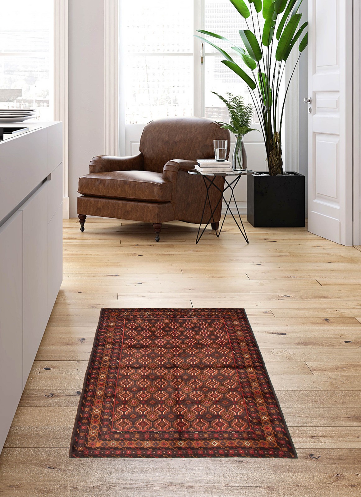 Vintage 3'11" x 6'5" Geometric Hand-Knotted Carpet Traditional Wool Area Rug