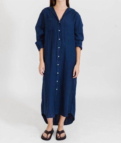 Frank & Eileen Rory Maxi Shirt Dress Navy Washed Linen