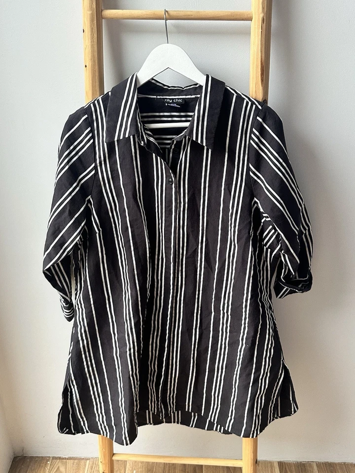 City Chic Black White Stripe Button Up Shirt Top Long Tunic Plus Size 14 XS