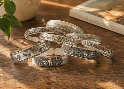 Woman Tibetan Bangle Bracelet Silver Tone Totem Carved Stackable  bulk 10 pc