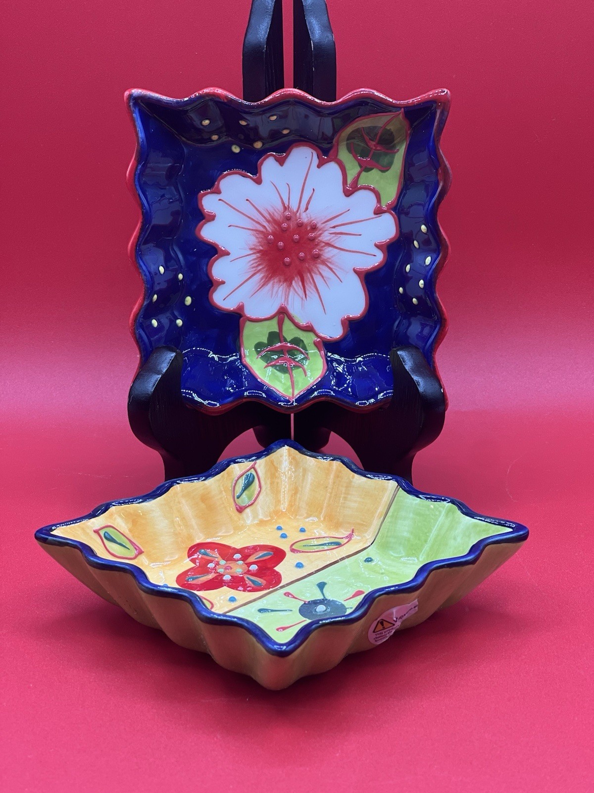 2 Del Rio Salado Art Pottery Bowls Hand Painted Spain Bright Dipping Party