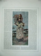 Original Old Antique Print 1887 Colour Beautiful Lady Woman Umbrella Country