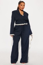 Fashion Nova TAKE ME HIGHER Navy Wide-Leg Pant And BlazerSet with Scalloped Trim