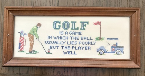 Vintage Needlepoint Cross-Stitch Golf Wall Hanging Framed Picture