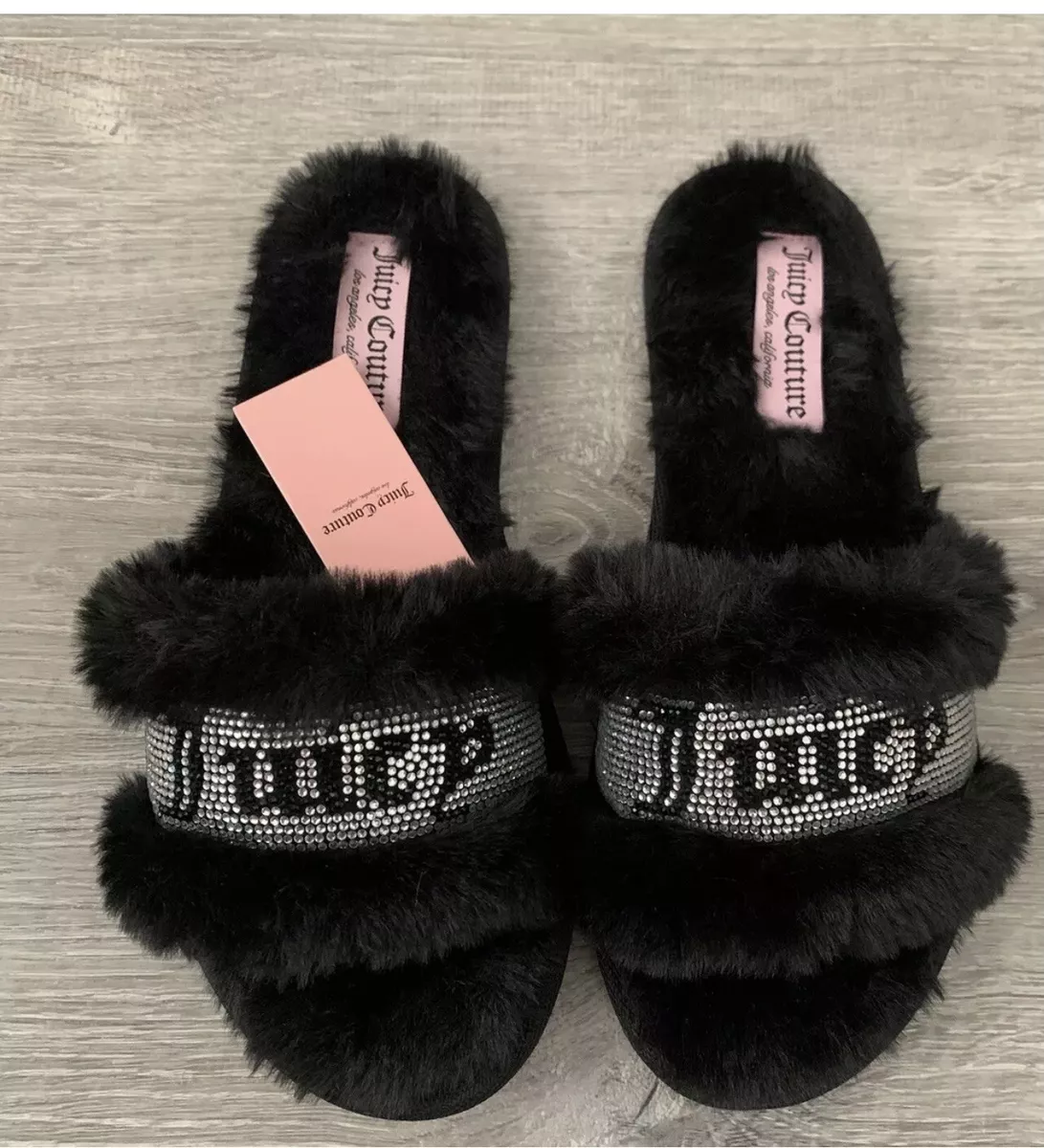 Juicy Couture Gravity Cozy Faux Fur Slippers Size Color- Black - Slip On |