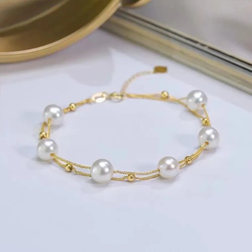 18K Gold Natural Freshwater Pearl Double layer Bracelet Bead Heart Charm - Picture 3 of 11