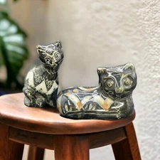 Vintage Tonalá Black Cats Aztec Etched Black Cat Figurines Primative Folk Art