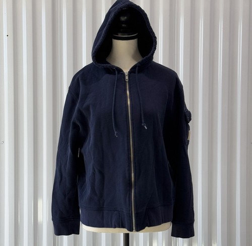 VTG Lauren Ralph Lauren Navy Zip Hoodie 100% Cotton Womens Medium Utility Pocket - Picture 3 of 13