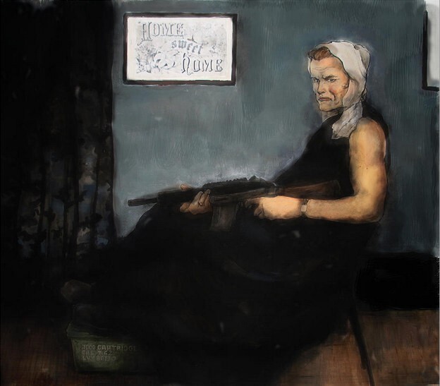 Schwarzenegger's Mother. Framed original painting. Parody of Whistler's Mother.