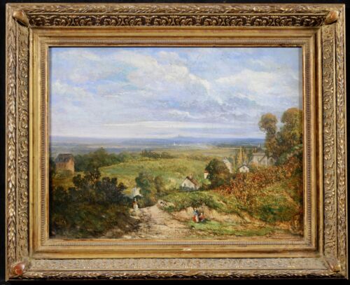 c. 1830 LARGE FRENCH LANDSCAPE OIL ON CANVAS - FIGURES BY VILLAGE OUTSIDE PARIS - Picture 1 of 11