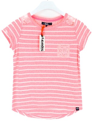 SUPERDRY  Super Sewn Stripe Pocket T-Shirt Damen XS Spitze Pink Rundhals Länger