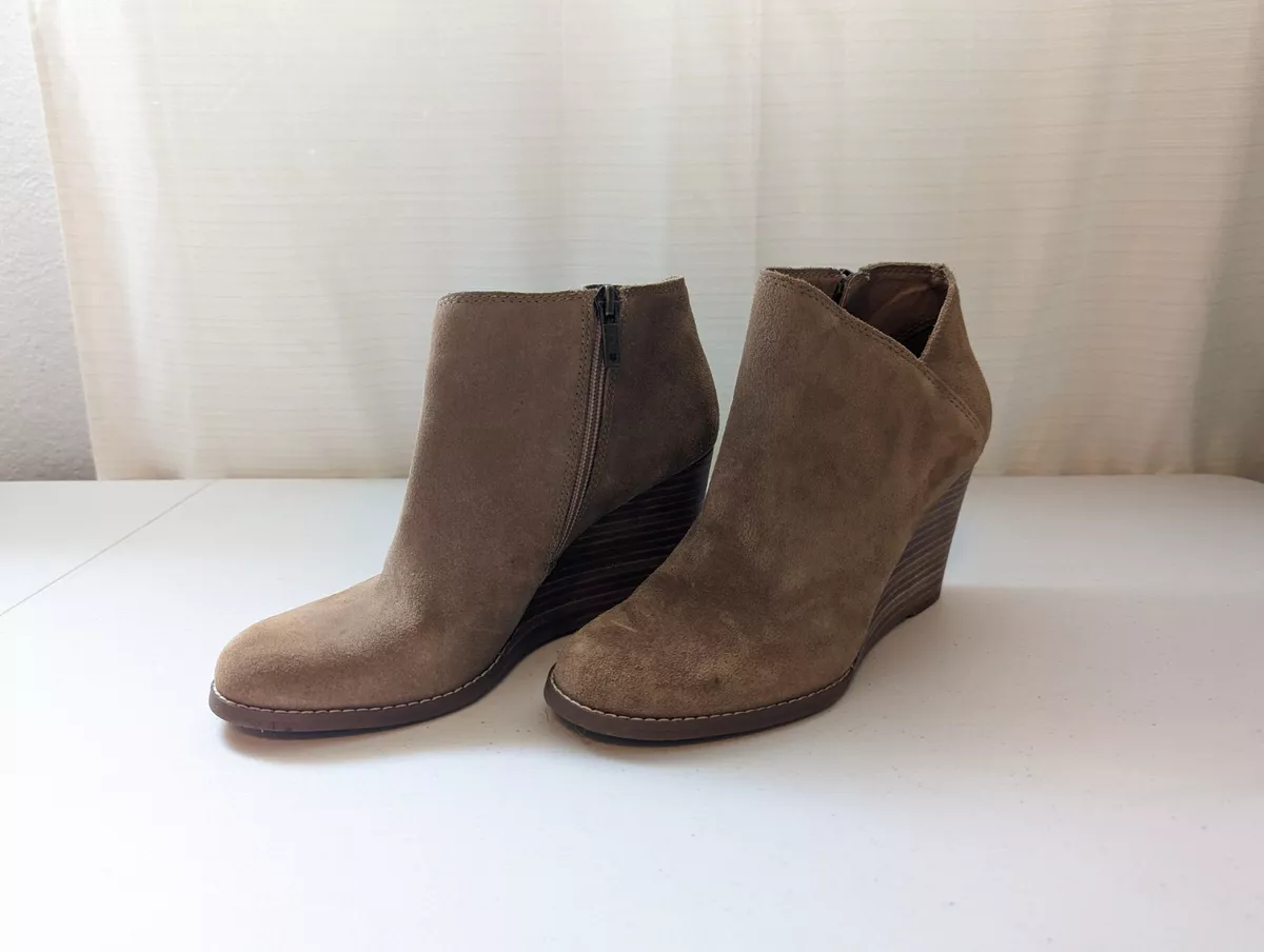 Lucky Brand Boots LP Yakeena Leather Wedge Bootie Suede Tan Womens