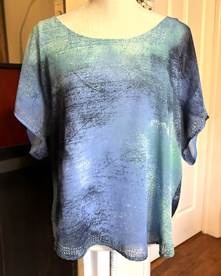 World Unity Blouse Women's Sz XL Blue Tones Boho Poncho Sheer Silver Embellished