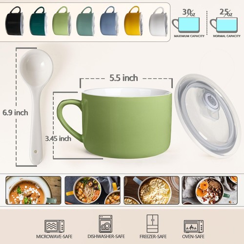 Soup Bowls with Handles & Spoons 30oz Ceramic Ramen Lid Large Mugs/Cups - Picture 2 of 9