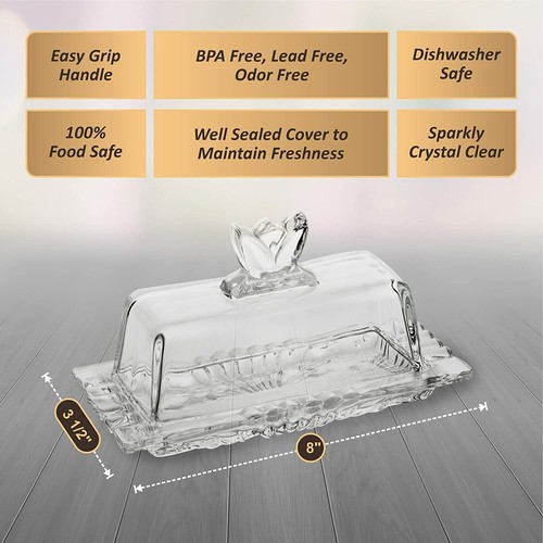 Premium Glass Butter Dish with Flower Lid and Easy Grip Handle - Dishwasher Safe - Picture 2 of 5