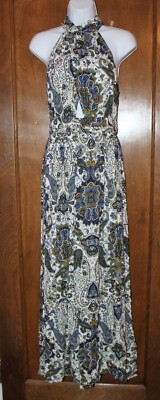 Design Lab S green blue paisley high neck long maxi dress wrap front open back