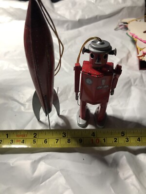 Vintage Schylling Atomic Robot Man Ornament And Metal Rocket