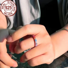 Genuine 100% 925 Sterling Silver Boho Rainbow Cubic Zirconia CZ Engagement Ring