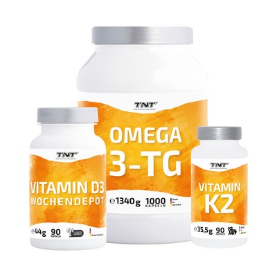 TNT O3-D3-K2 Bundle bestehend aus TNT Omega 3TG, Vitamin D3 & Vitamin K2 Kapseln