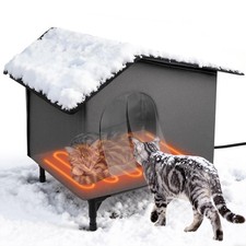 Domivans Weatherproof Heated Cat House - Outdoor Cat House with Heating Pad Bed,