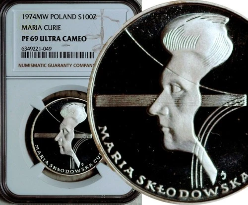 NGC PF-69 ULTRA CAMEO POLAND SILVER 100 ZLOTYCH 1974 (MARIA CURIE) POP: 42/2