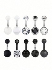 10-Piece Black Stainless Steel CZ Belly Button Rings For Women