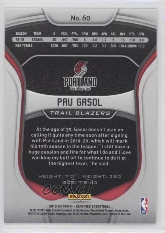 2019-20 Certified Pau Gasol #60 HOF - Image 2 of 2