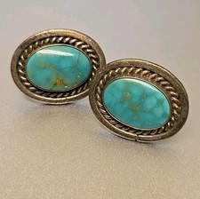 Duże vintage kolczyki wkręcane z epoki Fred Harvey Sterling owalne turkusowe M28