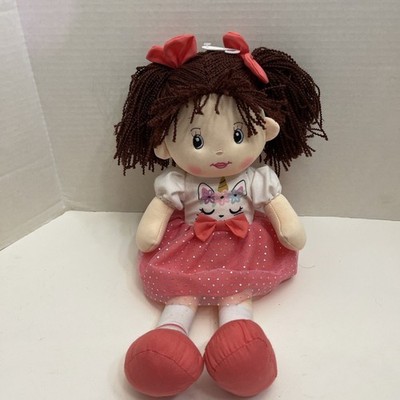 Linzy Toys Soft Plush Rag Doll Libby Brown Yarn Hair Pink Dress & Shoes 16 Inch