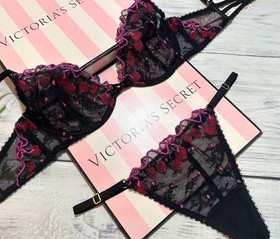 Victoria&rsquo;s Secret Bra Cherry Pop Embroidery Unlined Demi Brazilian Set Black