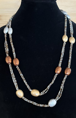 Long Beaded Station Necklace Multi Strand Earth Tones 54'' Boho Chic