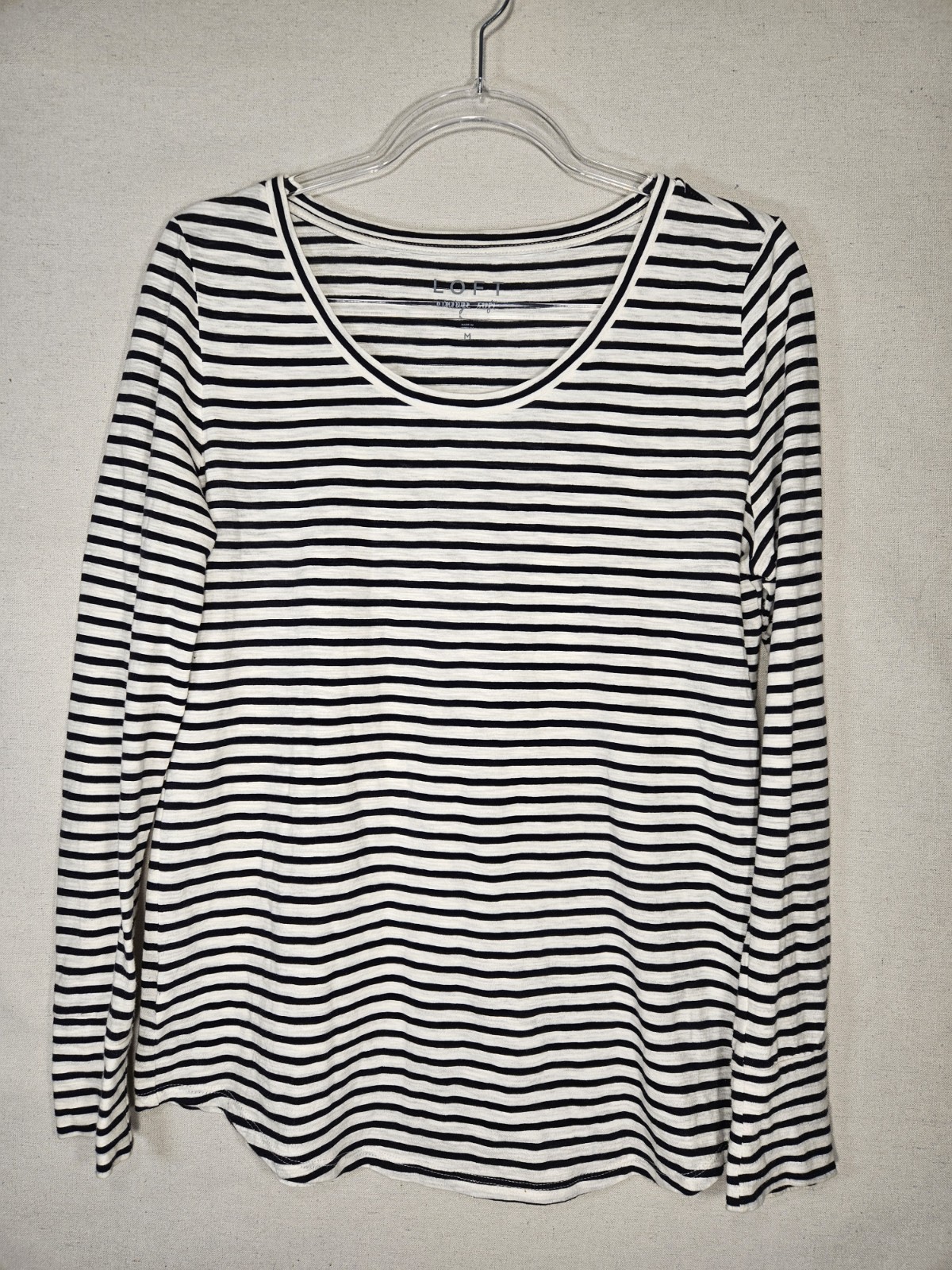 Loft Vintage Women's Medium Long Sleeve T-Shirt White & Navy Striped 100%Cotton