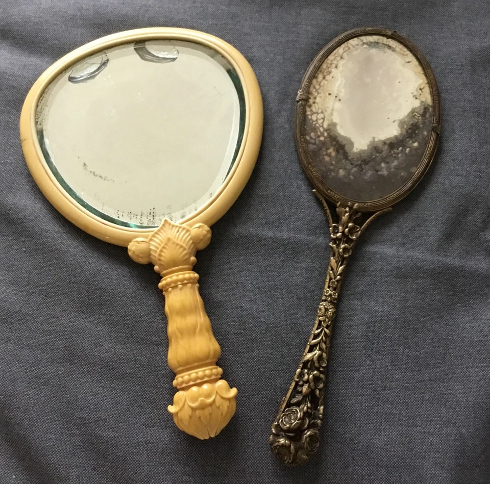 2 Antique Hand Mirrors, Celluloid W/Dragonflies, Brass With Encased Butterfly - Image 2 of 4