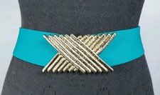 Charmant Inc. Vintage 80s Teal Stretch Belt Gold X Buckle Medium 2"x27" Flat 