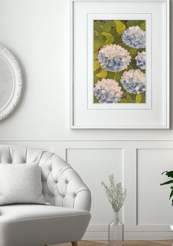 Original Framed Impressionist Blue Hydrangea Floral Painting