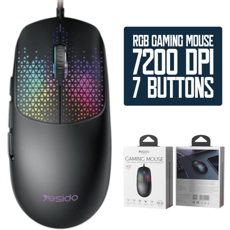 RGB Gaming Mouse Wired 7200 DPI 7 Programmable Buttons Optical Sensor PC Laptop