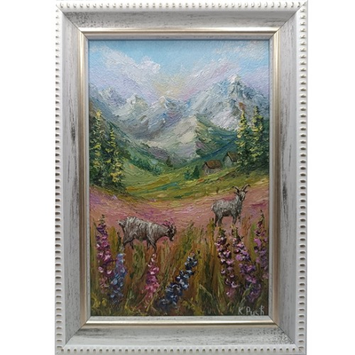 #ad Rural landscape Original oil painting Mountains Goats Impressionism Size 6x4 $45.00