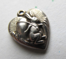 RARE Antique Sterling Silver EASTER BUNNY RABBIT Puffy HEART CHARM