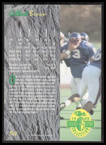 1993 Classic 4 Sport Kansas College Football Gilbert Brown 148 Card CB-1-1-A-36 - Picture 2 of 7