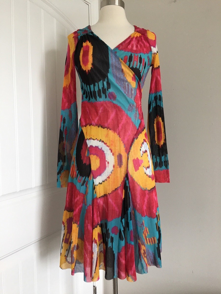 FUZZI LONG SLEEVE MESH V NECK MULTICOLOR DRESS SIZE M MADE IN ITALY FUZZI LONG SLEEVE MESH V NECK MULTICOLOR DRESS SIZE M MADE IN ITALY