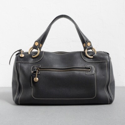 CELINE Vintage Boston Bag Black Leather Gold Triomphe White Shoulder Handbag Y2K