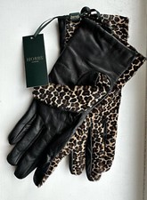 Black Leather Gloves with Leopard Animal Print by Hobbs - Size M/L - BNWT