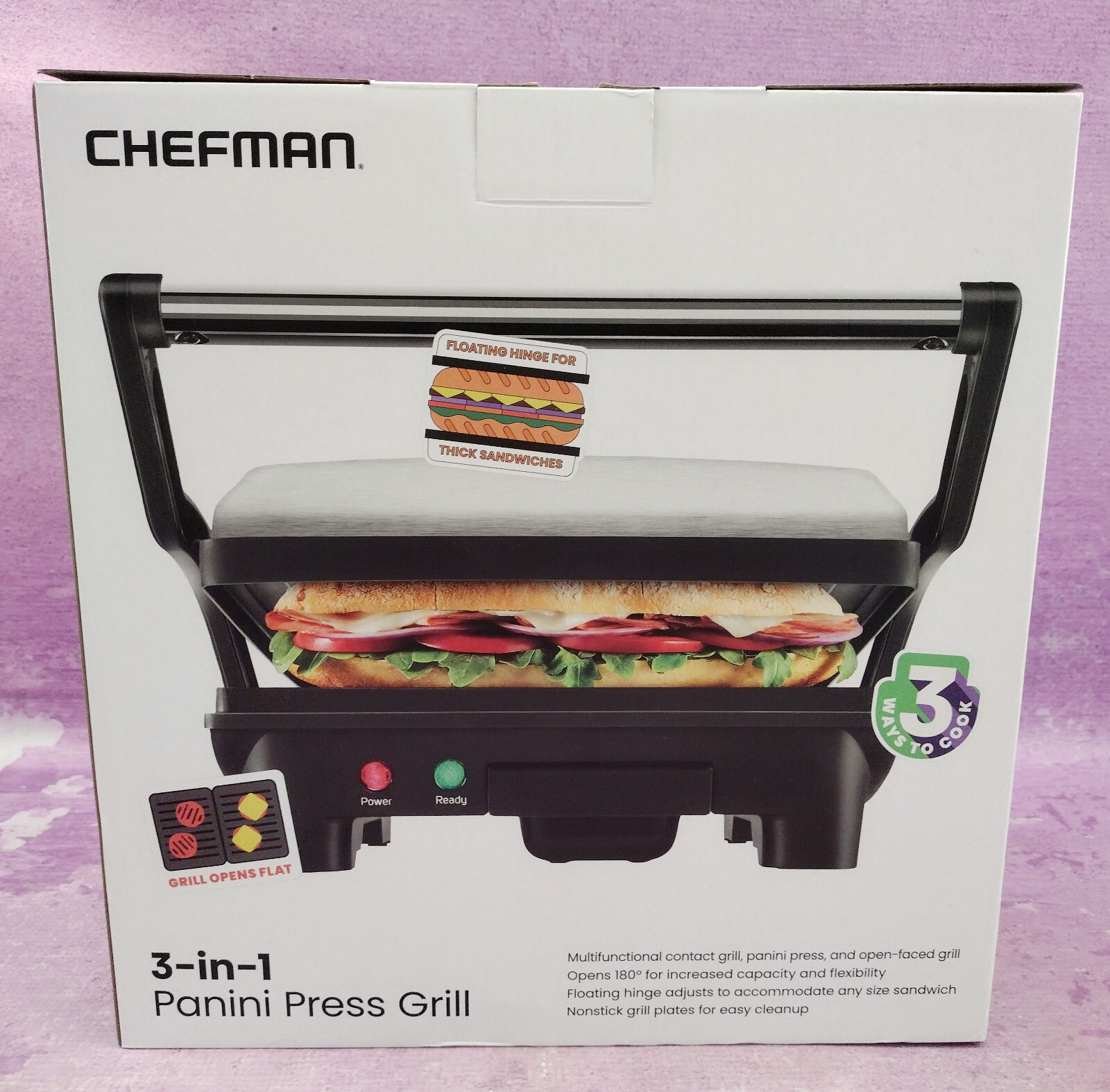 Chefman 3-in-1 Electric Indoor Panini Press Grill Opens Flat for Grilling NEW