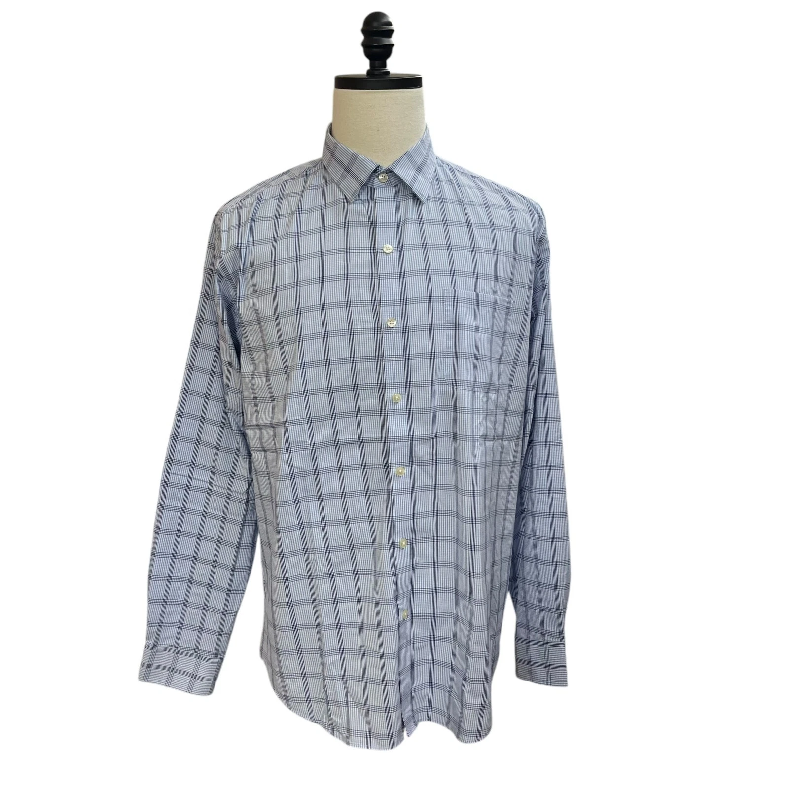 Land's End Traveler Shirt Men's L Blue Plaid Long Sleeve Chest Pocket Button Up