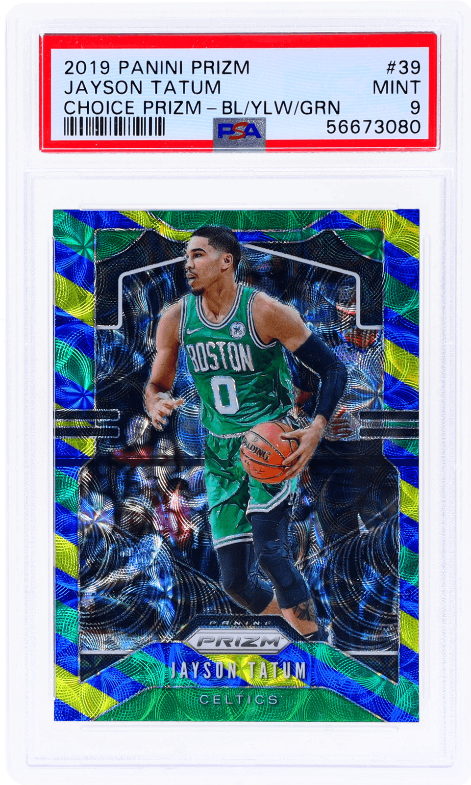 2019 Panini Prizm Jayson Tatum Blue Yellow and Green Choice Prizm #39 PSA 9