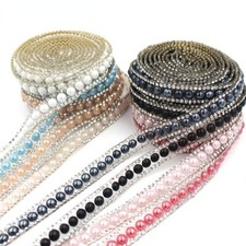 1yard Faux Pearl Trim Hotfix Tape Rhinestone Ribbon Iron Clothing Applique Multi