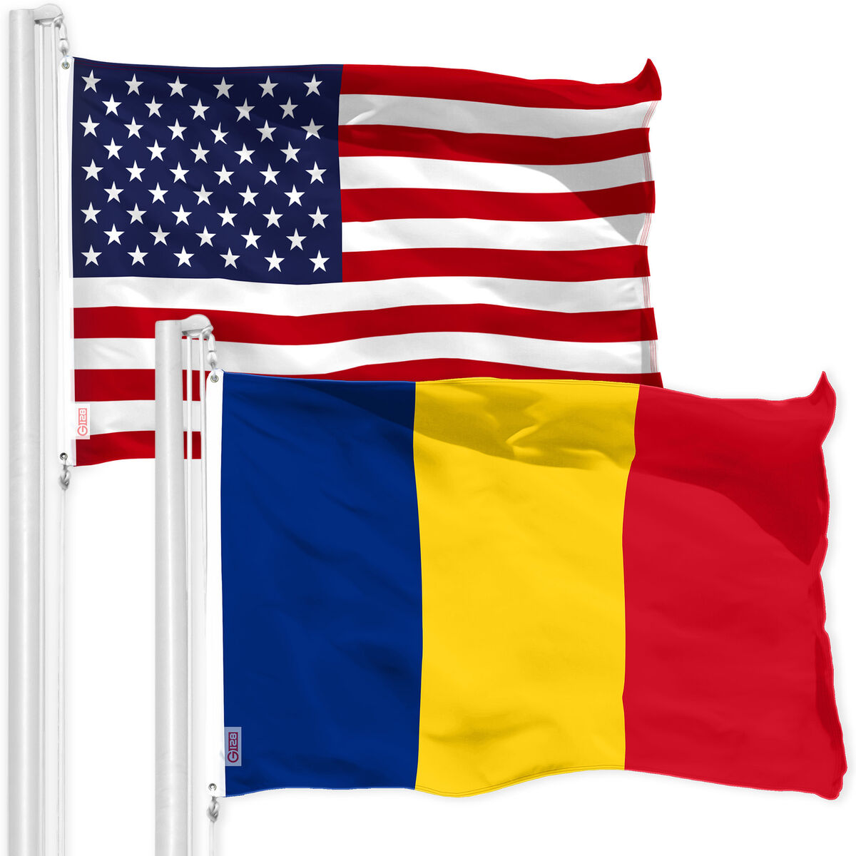 G128 Combo Pack: American USA Flag & Romania Flag 3x5 Ft, Both Printed 150D  Poly