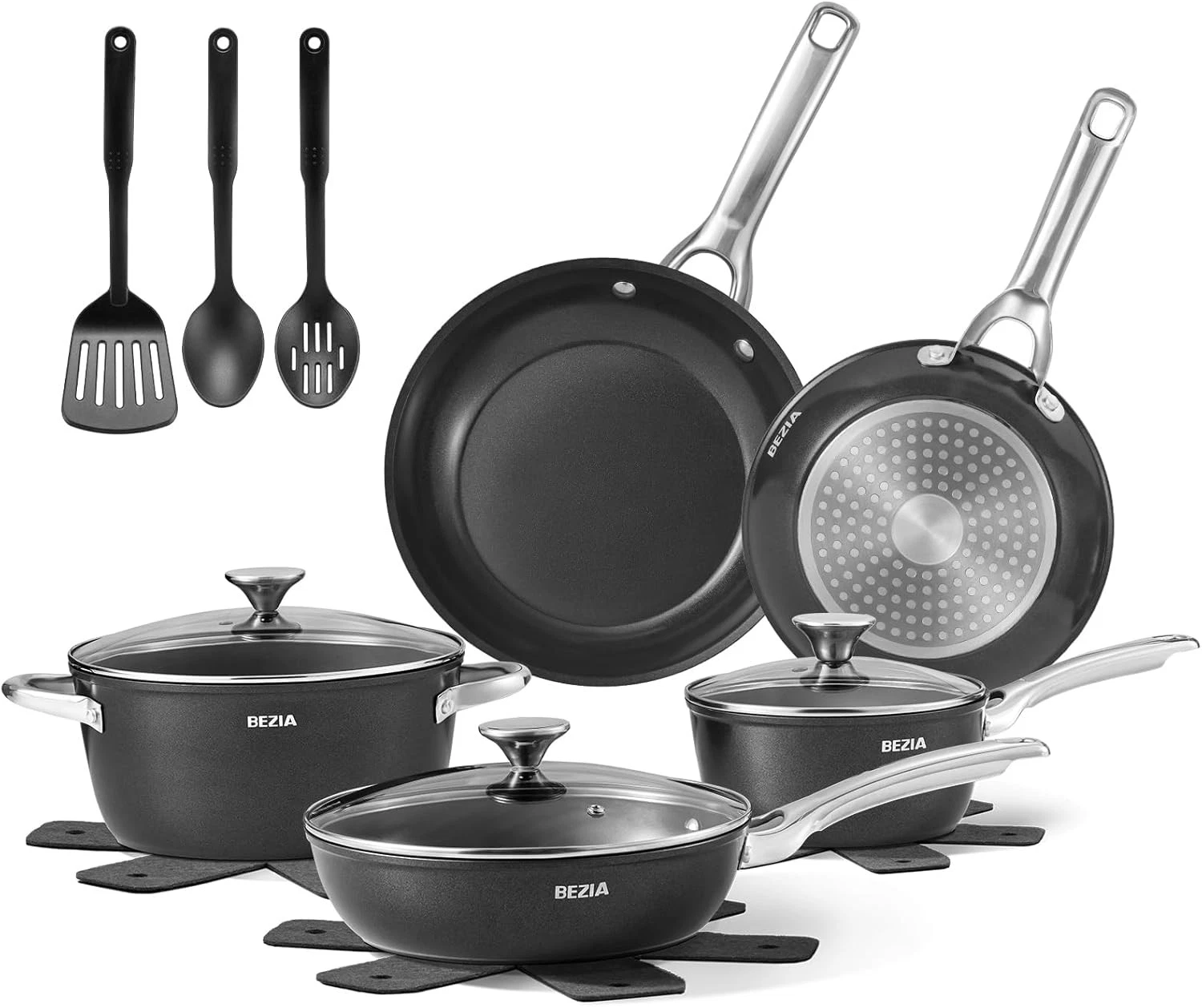 BEZIA Induction Cookware Set 15-Piece, Pots and Pans Non Stick 1, Black